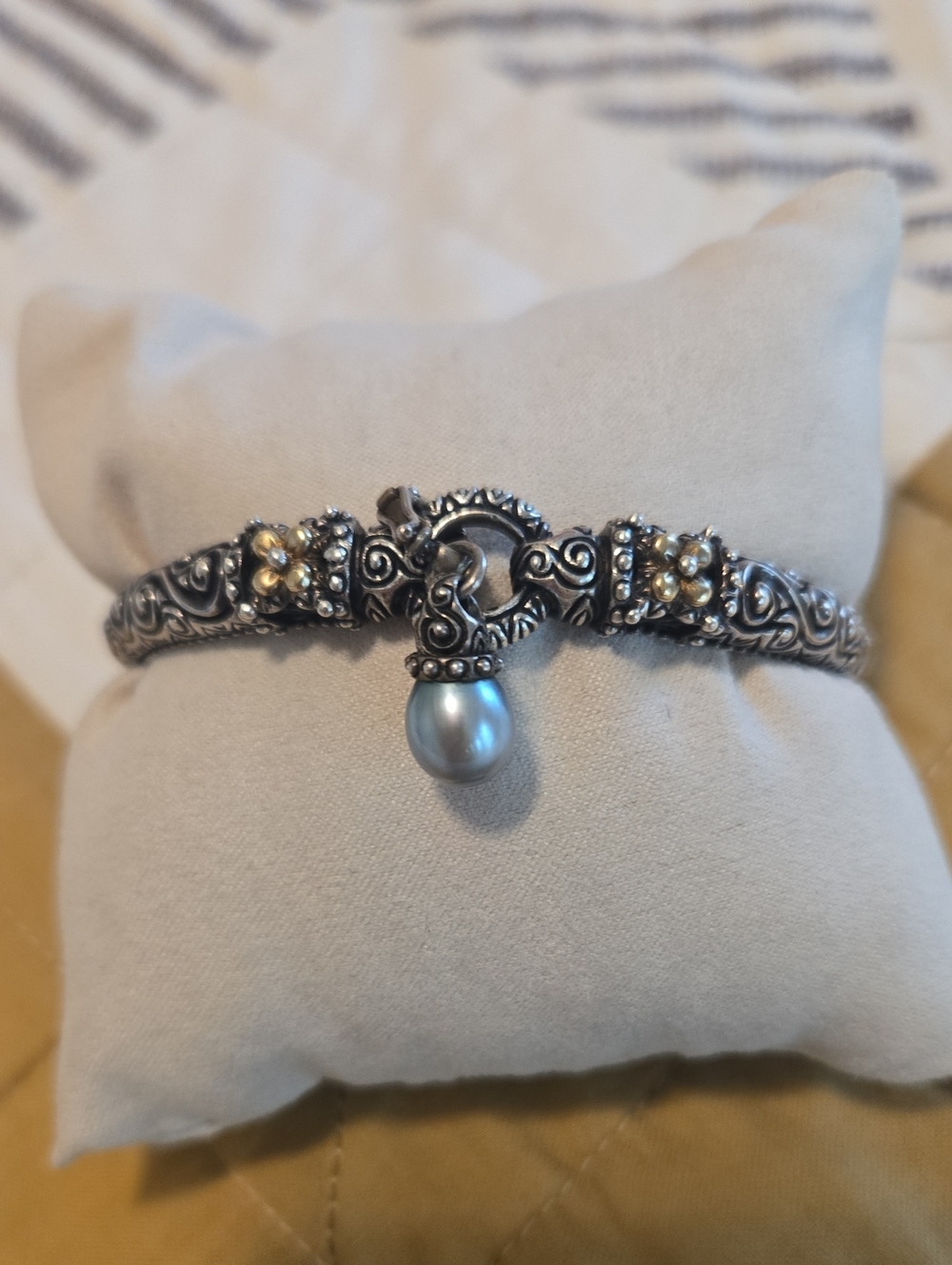 Intricate Silver-Tone Bracelet with BLUE Pearl Drop